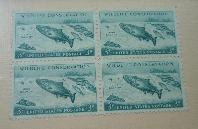 vintage collector stamps 1956 Wildlife Conservation Stamps unique Pacific Northwest art King Salmon desk display Pacific Salmon Flies