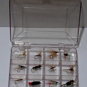 May include: A clear plastic fly fishing tackle box with a hinged lid, open to reveal an assortment of artificial flies. The flies are arranged in a grid, each with a small hook and various colors and textures, designed to mimic insects.