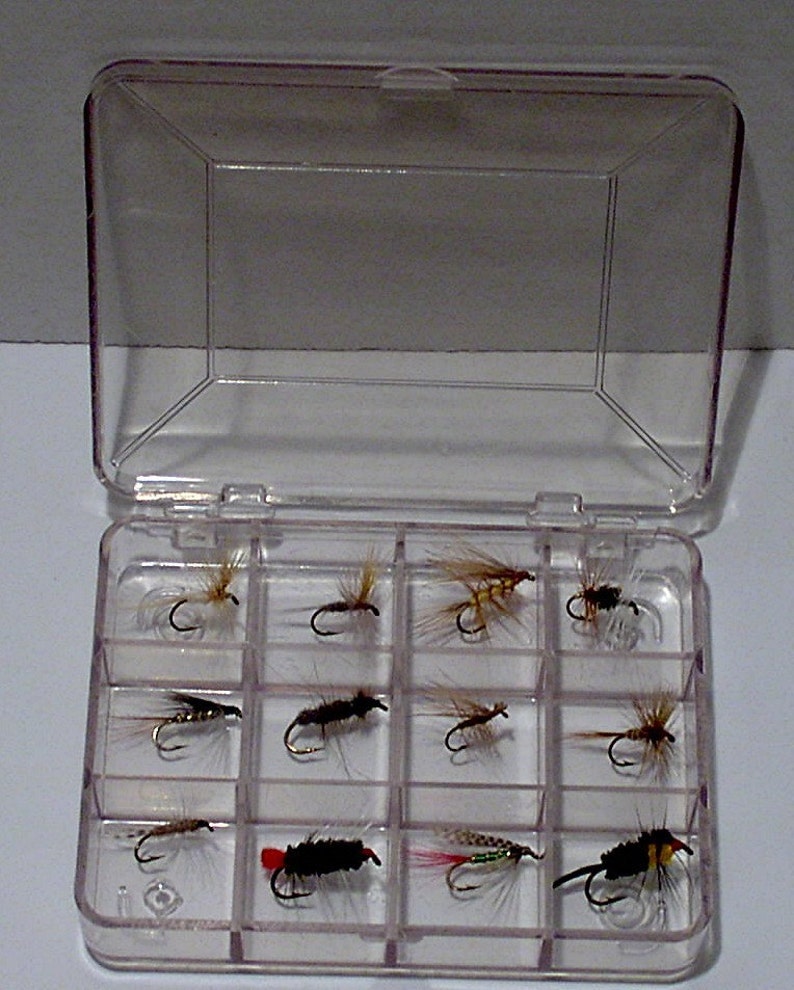 May include: A clear plastic fly fishing tackle box with a hinged lid, open to reveal an assortment of artificial flies. The flies are arranged in a grid, each with a small hook and various colors and textures, designed to mimic insects.