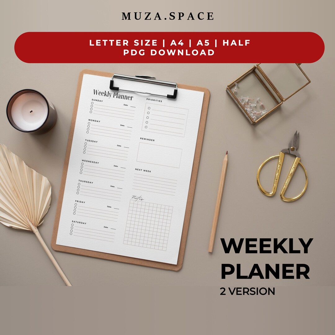 2 in 1 Weekly Planner Printable | Minimalist Task List PDF for A5 ...