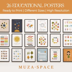 Conjunto de 26 pôsteres educacionais - alfabeto, números, formas - decoração de quarto infantil, materiais para impressão em sala de aula, ferramentas para educação domiciliar, pôster digital