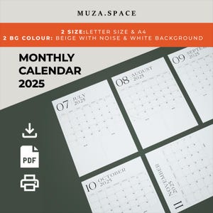 Printable 2025 Vertical Monthly Calendar Agenda - A4 & Letter Size, Sunday Start - 2 Colour Choices