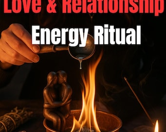 May include: An image depicting a spiritual energy ritual. The text "Love & Relationship Energy Ritual" is displayed. A copper bowl with flames, a candle, and a small statue are visible. The text "Relase-Heal-Reconnect" is also present.