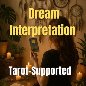May include: Image featuring a woman holding a tarot card, with text reading "Dream Interpretation" and "Tarot-Supported." The scene includes lit candles, dream catchers, and plants, creating a mystical atmosphere. The words "fast delivery" are also visible.