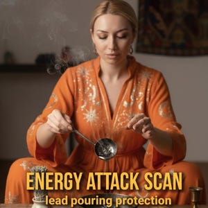 May include: An orange robe with gold embroidery is worn by a person performing a lead pouring ritual. The text "ENERGY ATTACK SCAN" and "lead pouring protection" are displayed. Various items, including a bowl, crystals, and tarot cards, are on the wooden table.