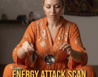 May include: A person in an orange robe with gold embroidery performs a lead pouring ritual. The text "ENERGY ATTACK SCAN" and "lead pouring protection" are displayed. A bowl, crystals, and tarot cards are on the wooden table, alongside other items.