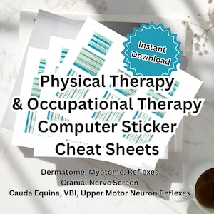 May include: A stack of white paper cheat sheets with teal and gray details. The text reads "Physical Therapy & Occupational Therapy Computer Sticker Cheat Sheets" with additional medical terms. A teal "Instant Download" sticker is visible.