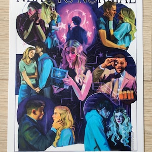 May include: A poster for the musical "Next to Normal" featuring illustrations of characters in various emotional states. The poster includes the names of the director, writers, and cast members, with a dark blue and purple color scheme.