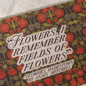 Könnte beinhalten: Ein Buchcover mit einem floralen Muster in Rot, Grün und Braun. Das Cover zeigt den Text "FLOWERS, I REMEMBER FIELDS OF FLOWERS" und "FLOWERS, HADESTOWN BY ANAIS MITCHELL".
