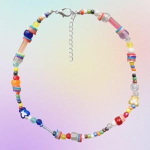Y2K Beaded Necklace: Colorful Rainbow Kandi, Butterfly Charm