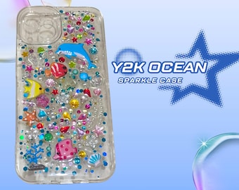 Y2K Ocean Phone Case: Handmade Rhinestone Dolphin, Fish, and
