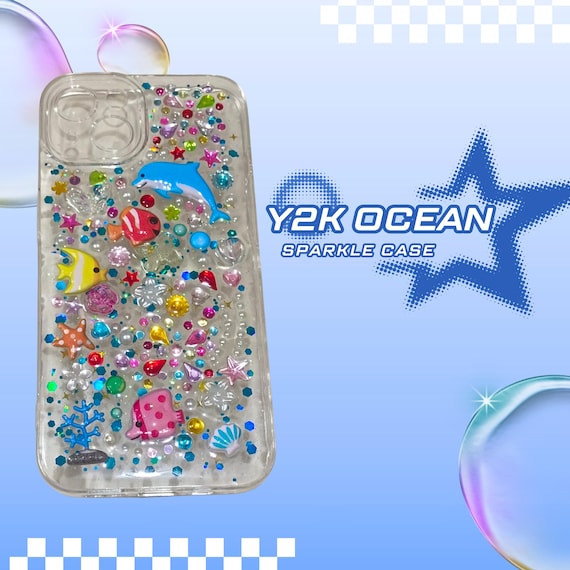 Y2K Ocean Phone Case: Handmade Rhinestone Dolphin, Fish, and