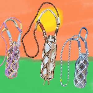 May include: Three crocheted water bottle holders with adjustable straps. The holders are in different colors: purple, brown, and blue. The bottles are not included.