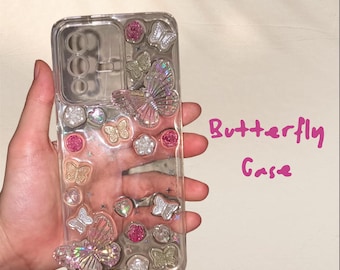 butterfly resin phone case, fairycore aesthetic resin phone case, y2k cute iphone & samsung cover, kawaii pastel glittery butterfly case,