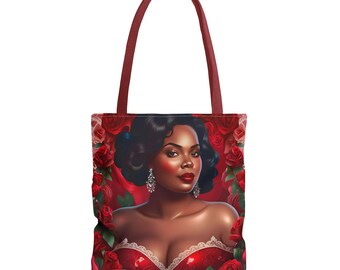 Roses & Radiance Tote Bag: Glamorous Woman in Red Dress