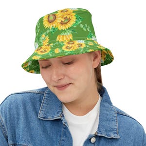 Bucket Hat, Vibrant Green, Sunflower Floral Summer Hat, Beachwear, Outdoor Adventures, Gifts for Her, Unique Fashion Statement