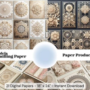 May include: A digital paper pack with 21 designs featuring intricate mandala and quilling patterns in gold and white. The papers are 18 inches by 24 inches and are available for instant download. "Mandela & Quilling Paper" and "Paper Product US" are written on the image.