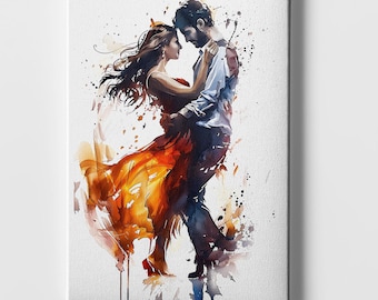 Stylish Flamenco Couple Wall Art - Tango canvas wall decor - Orange Theme Dance Gift Canvas, Wooden Frame & Poster - Spanish Traditional Art