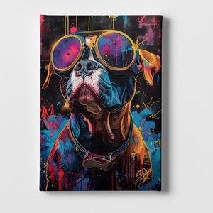 Banksy Bulldogge Wandbild - Urban Bulldog Wand Kunst Druck- Banksy Style Hunde Poster mit Brille | Leinwand- und Holzrahmenoptionen | Fertig zum Aufhängen