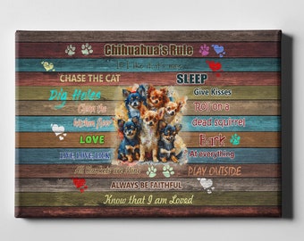Lienzo con las reglas de la casa del chihuahua – Decoración de pared con acuarela de perro chihuahua, regalo