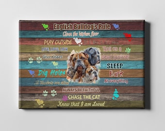 English Bulldog House Rules Canvas – Watercolor Bulldog Wall Art Decor Gift