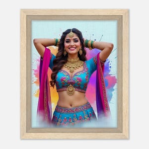 Colorful Indian Woman Wall Art – Festive Traditional Lehenga Portrait Print – Ethnic Indian Fashion Decor for Home, Office, Gym, Workspace