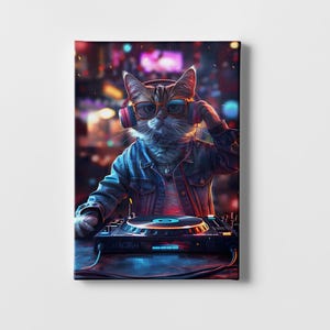 DJ Cat Playing Vinyl Wall Art, Colorful Cat Music Poster, Pet-Inspired Canvas Art, Ready-to-Hang Modern Deco, Modern cat wall art Gigt Idea
