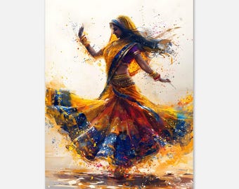 May include: A woman in a yellow, red, and blue dress dances with her arms outstretched. The background is a watercolor wash of yellow, orange, and blue.