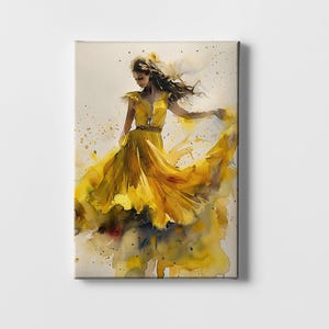 Golden Grace - Flamenco Tänzerin Wandbild - Großes Wandbild - Flamenco Tänzerin - Gelbes Kleid - Kunst auf Leinwand -