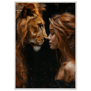 Toile d&#39;art mural lion et femme - portrait de lion en lien émotionnel - animal encadré prêt à accrocher - cadeau pour les amoureux des lions - décoration de bureau pour salle de sport à domicile
