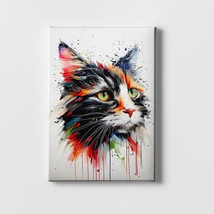 Colorful Cat Painting Wall Art - Watercolor Cat Face - Modern Pet Canvas, Wooden Frame Ready-to-Hang or Unframed - Cat Lovers Home Decor