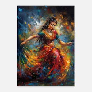 Colorful Indian Home Decor - Indian Woman in Saree Dancing Wall Art - Desi Canvas Decor - Indian Culture Poster - Wooden Framed Art - Folk