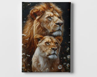 Lion Couple Canvas Print – Romantic Floral Wildlife Wall Art | Bedroom Home Decor Gift