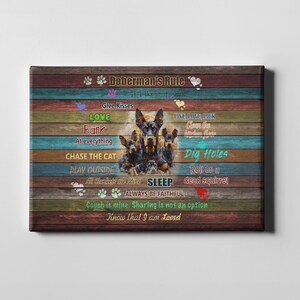 Doberman Dog House Rules Canvas | Vintage Wood Style Wall Art | Watercolor Pet Decor Pet Wall Art | Dog Lovers | Ready-to-Hang Canvas