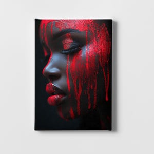 May include: A close-up portrait of a person with red paint dripping down their face. The person's eyes are closed and their lips are painted red.
