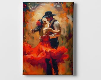 Passionate Flamenco Dancing Couple – Spanish Culture Art | Canvas, Framed, Unframed Wall Prints | Flamenco Woman & Handsome Man in Red Dress