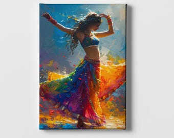 May include: A woman in a colorful, flowing skirt dances with her arms raised. The skirt is a mix of blue, purple, yellow, and red. The background is a blurred blue and yellow.