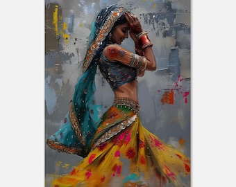 May include: A painting of a woman wearing a colorful sari with a blue and green dupatta. The woman is holding her hand to her face and is looking down. The background is a textured gray with splashes of color.