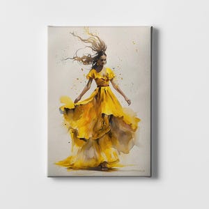 Flamenco Dance Wall Art – Yellow Dress Canvas Print | Spanish Woman Poster | Large Framed Artwork | Dancer Woman Canvas, Flamenco Poster