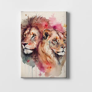 Romantic Lion Couple Wall Art - Watercolor Canvas Print - Loving Lion and Lioness Decor - Bedroom or Living Room Art - Romantic Gift Idea
