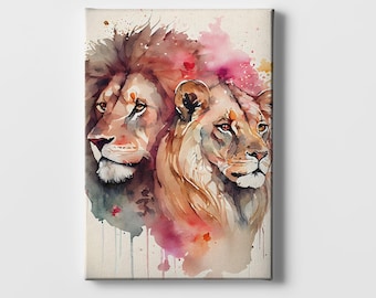 Lion Couple Watercolor Canvas Print – Romantic Wildlife Wall Art | Bedroom Decor Gift