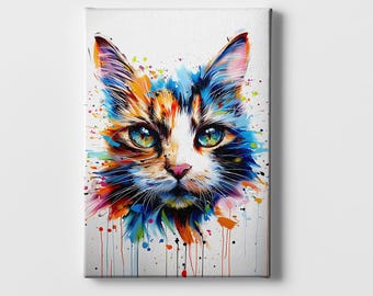 Colorful Watercolor Cat Portrait Canvas Wall Art – Pet Lover Home Decor