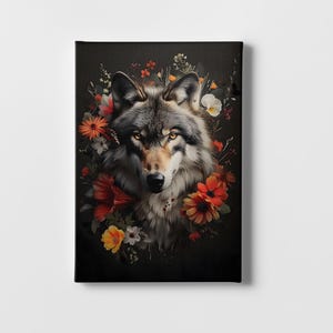 Mystical Forest Floral Wolf Wall Art - Cottagecore Botanical Aesthetic - Unique Woodland Decor on Canvas or Wooden Frame