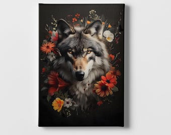 Floral Wolf Canvas Art: Mystical Cottagecore Woodland Decor