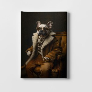 Royal French Bulldog in Suit Wall Art - Funny Pet Portrait on Chair - Unique bulldog Wearing Goggles artwork - Framed & Unframed Options