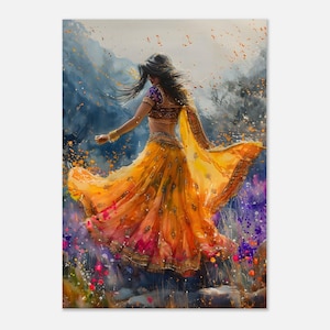 Vibrant Indian Woman Dancing in Spring Flowers - Colorful Wall Art, Desi Culture Canvas Poster - Spring floral poster, Indian culture decor