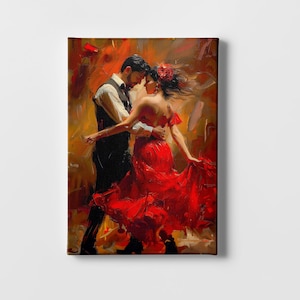 Flamenco Tanz Paar Wand Kunst - Rotes Kleid Tanz Dekor | Spanische Kultur Leinwanddruck | Ölgemälde abstrakt Vintage Tanzen| Modernes Schlafzimmer