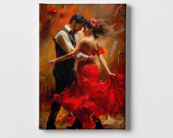 Flamenco Dance Couple Wall Art - Red Dress Dance Decor | Spanish Culture Canvas Print| Oil Painting Abstract Vintage Dancing| Modern Bedroom