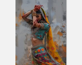 Canvasafdruk vrouw dansen Rajasthani – kleurrijke Indiase kunst decor
