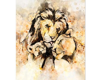 Lion Family Watercolor Art Print - Romantic Bedroom Canvas